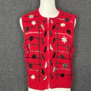 Sigrid Olsen Sport Vintage Embroidered Red Snowflake Zipper Vest Womens Medium